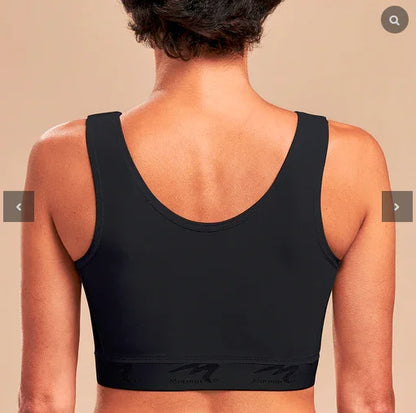 Woman wearing black Marena recovery bra, back view, seamless design, neutral background