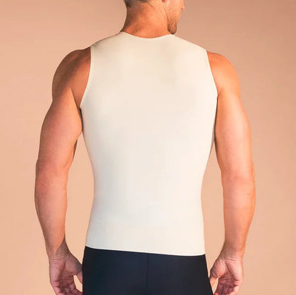 Man wearing beige sleeveless compression vest for men, viewed from the back